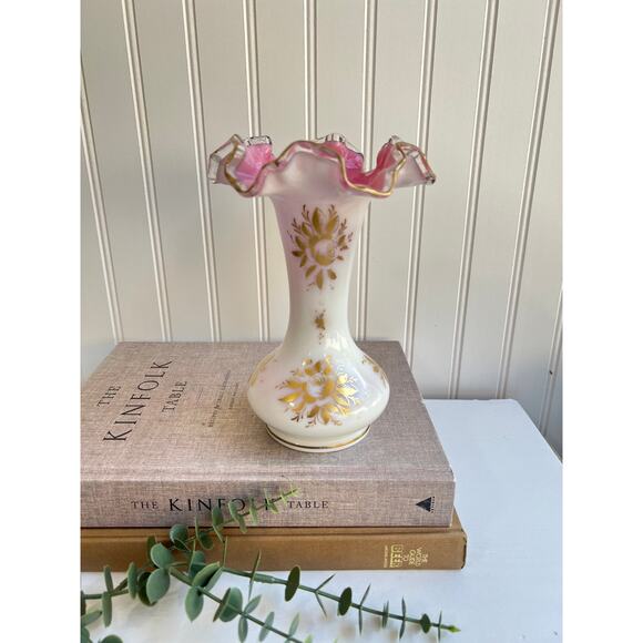 Fenton Other - Fenton Opaline Glass Vase | White & Pink with Ruffled Rim and Gold Floral Design